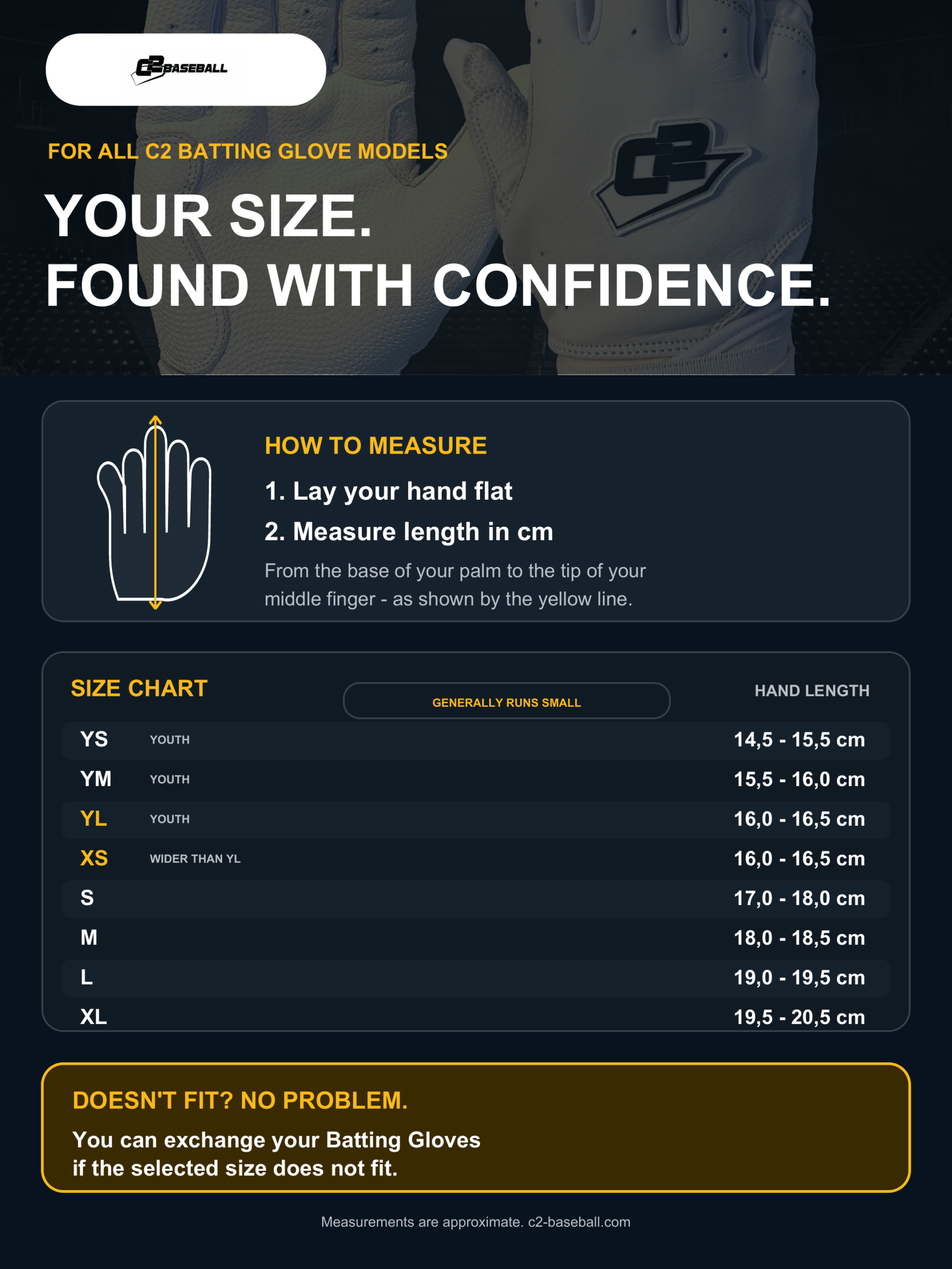 C2 Batting Gloves Size Chart