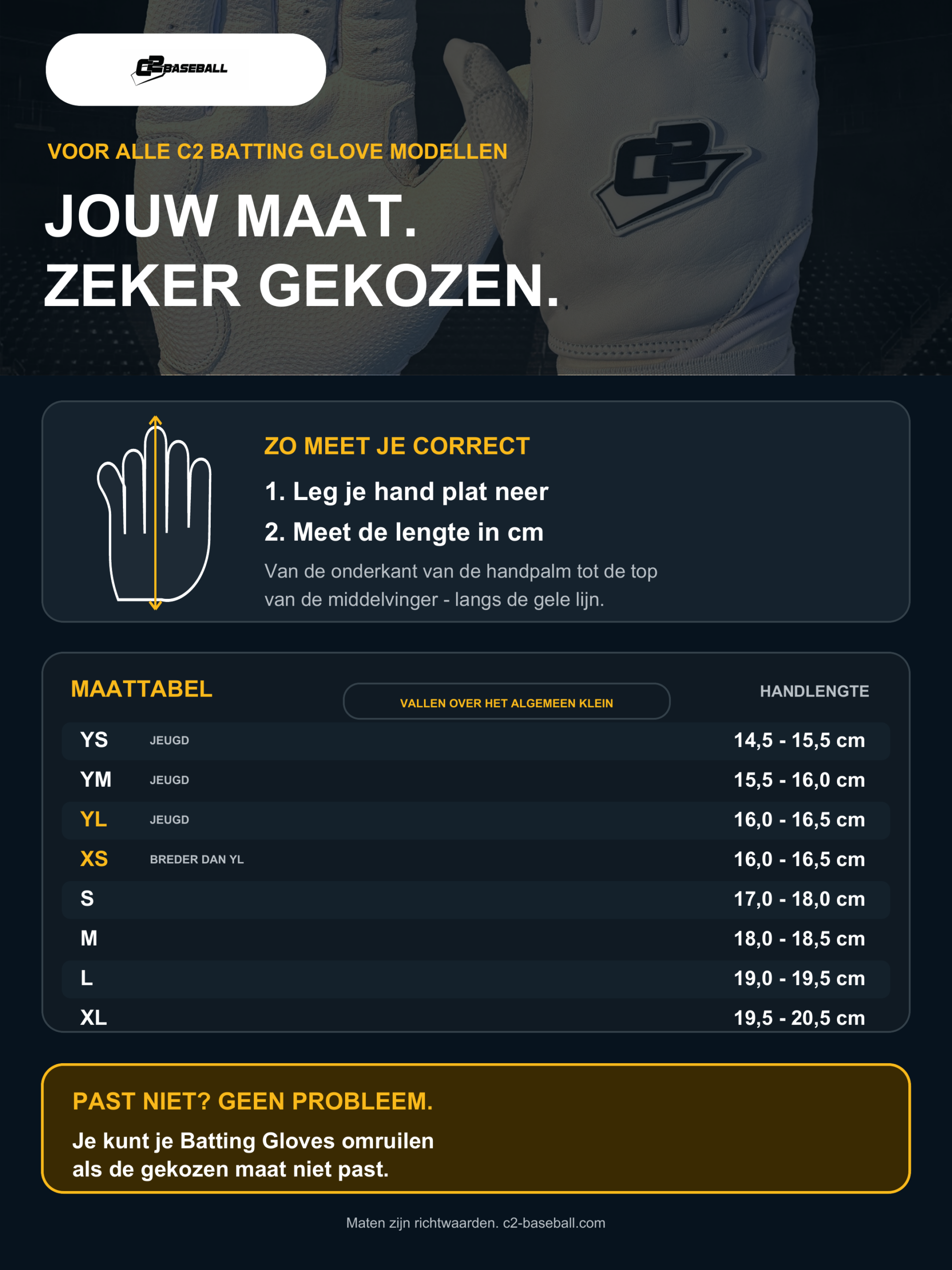 C2 Batting Gloves Maattabel